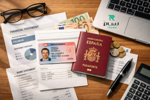 Spanish residence card, passport, bank statements and laptop on wooden desk